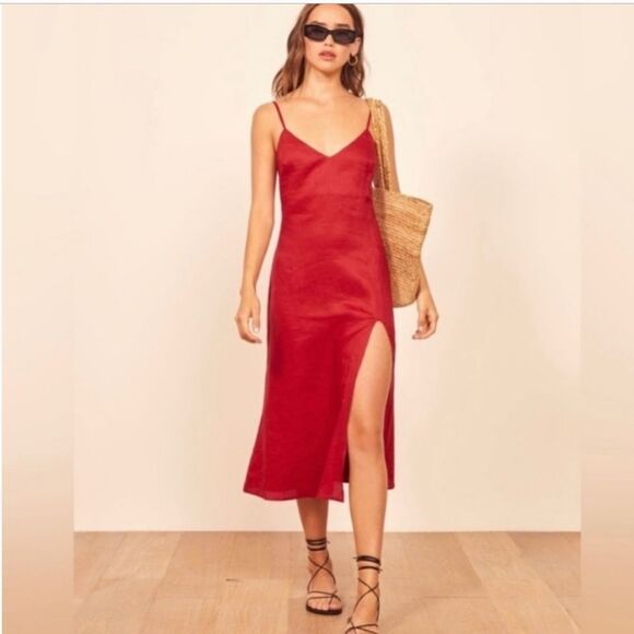 Reformation Brianna High Slit Red Linen Midi Dress Size 10 - Picture 1 of 8